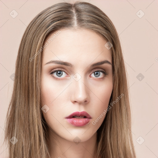 Neutral white young-adult female with long  brown hair and grey eyes