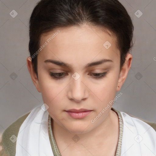 Neutral white young-adult female with short  brown hair and brown eyes