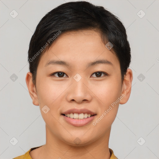 Joyful asian young-adult female with short  brown hair and brown eyes