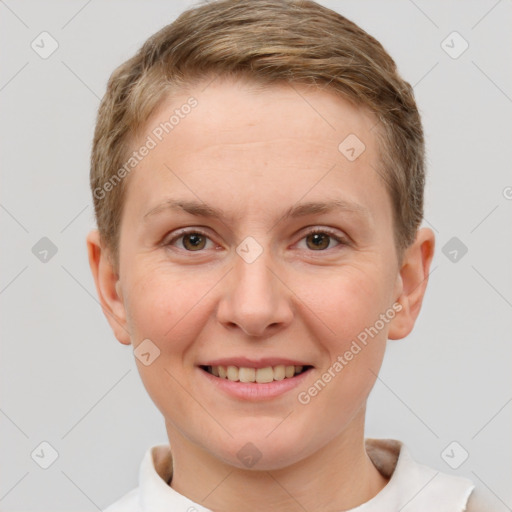 Joyful white young-adult female with short  brown hair and grey eyes