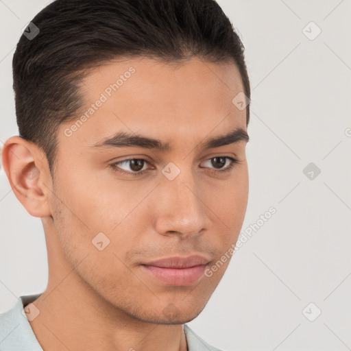 Neutral white young-adult male with short  brown hair and brown eyes