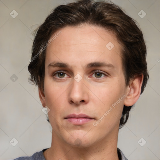 Neutral white young-adult male with medium  brown hair and grey eyes