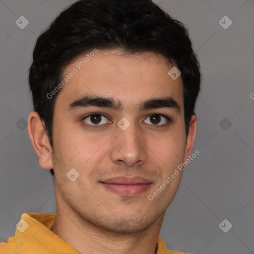 Joyful latino young-adult male with short  brown hair and brown eyes