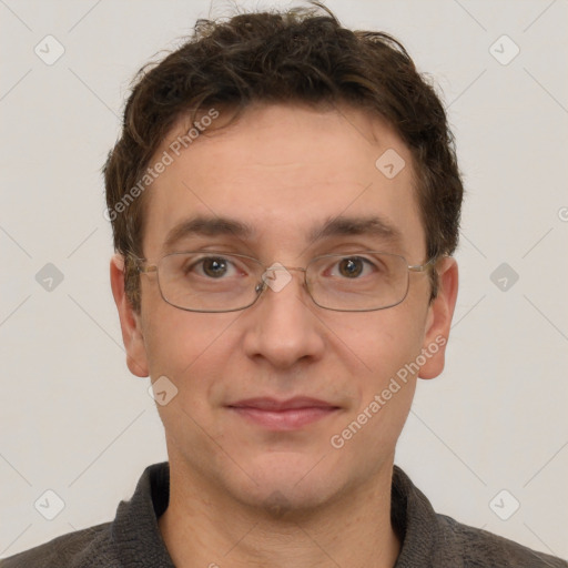 Joyful white adult male with short  brown hair and grey eyes