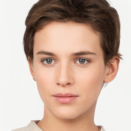 Neutral white young-adult female with short  brown hair and brown eyes