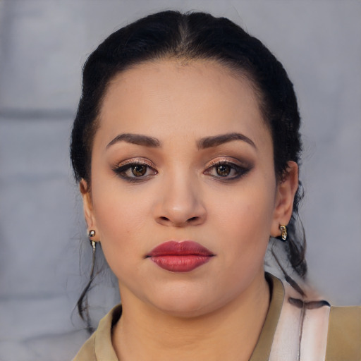 Neutral asian young-adult female with medium  black hair and brown eyes