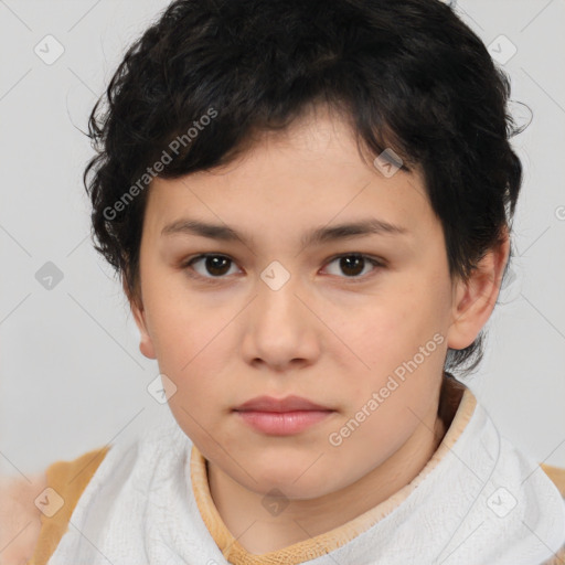 Neutral white young-adult female with short  brown hair and brown eyes