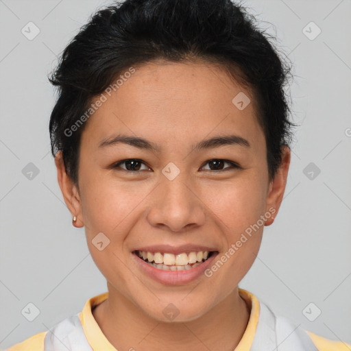 Joyful asian young-adult female with short  brown hair and brown eyes