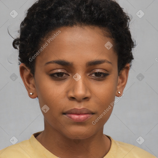 Neutral black young-adult female with short  brown hair and brown eyes