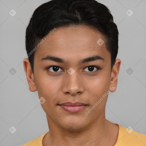 Joyful asian young-adult male with short  black hair and brown eyes