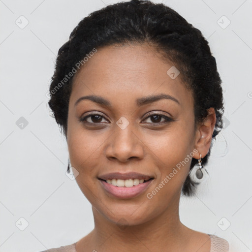 Joyful latino young-adult female with short  black hair and brown eyes