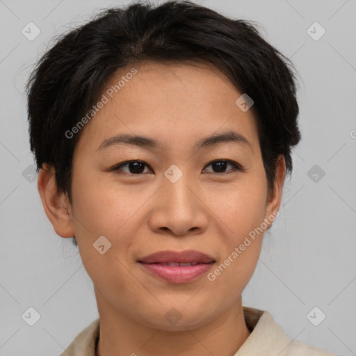 Joyful asian young-adult female with short  brown hair and brown eyes