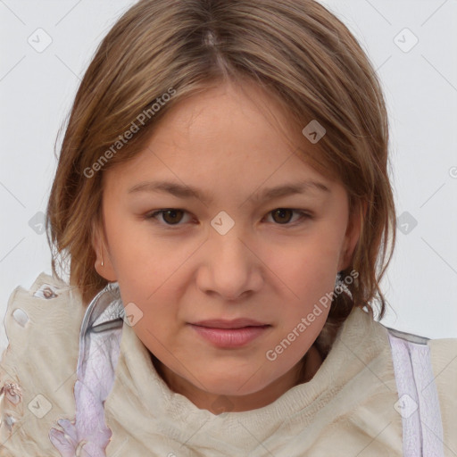 Joyful white child female with medium  brown hair and brown eyes