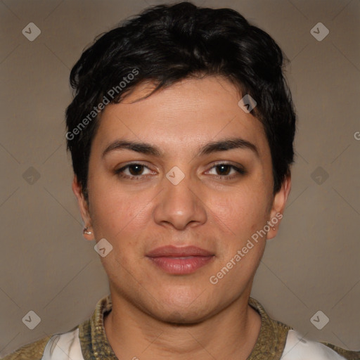 Joyful white young-adult female with short  brown hair and brown eyes