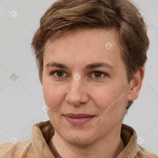 Joyful white adult female with short  brown hair and brown eyes