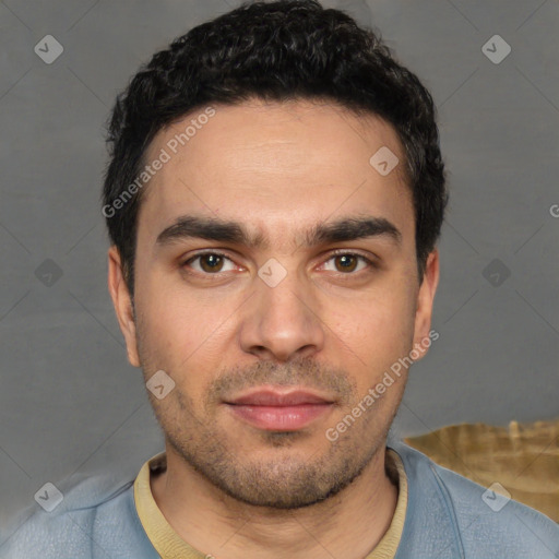 Neutral white young-adult male with short  black hair and brown eyes