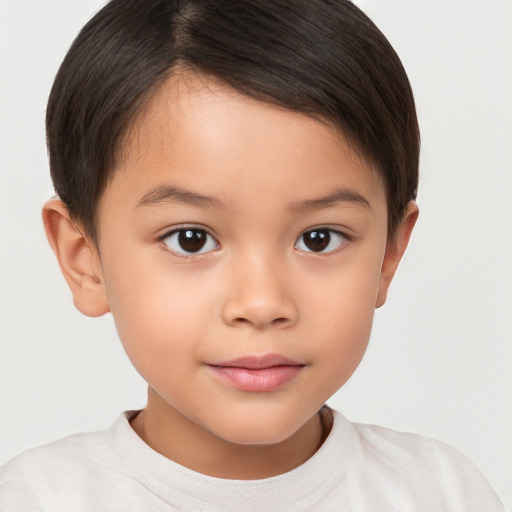 Joyful white child female with short  brown hair and brown eyes