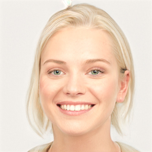 Joyful white young-adult female with medium  blond hair and blue eyes