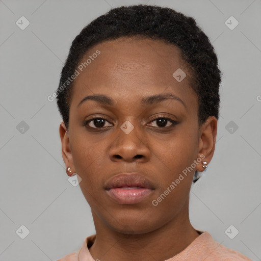 Neutral black young-adult female with short  black hair and brown eyes