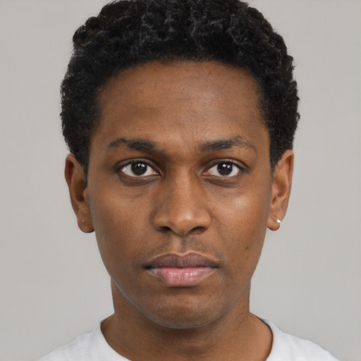 Neutral black young-adult male with short  black hair and brown eyes