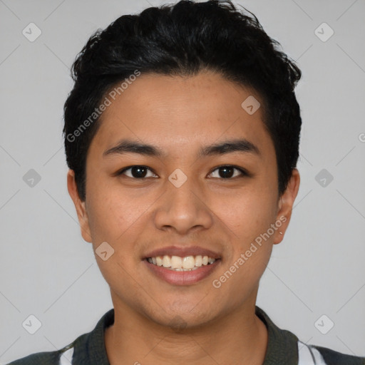 Joyful latino young-adult male with short  black hair and brown eyes