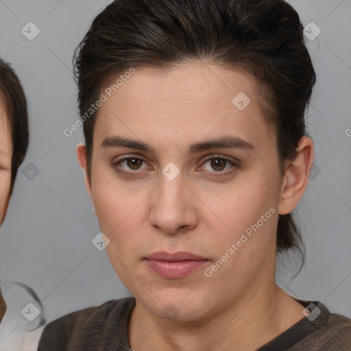 Neutral white young-adult female with medium  brown hair and brown eyes