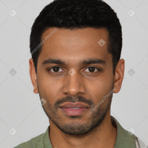 Neutral latino young-adult male with short  black hair and brown eyes
