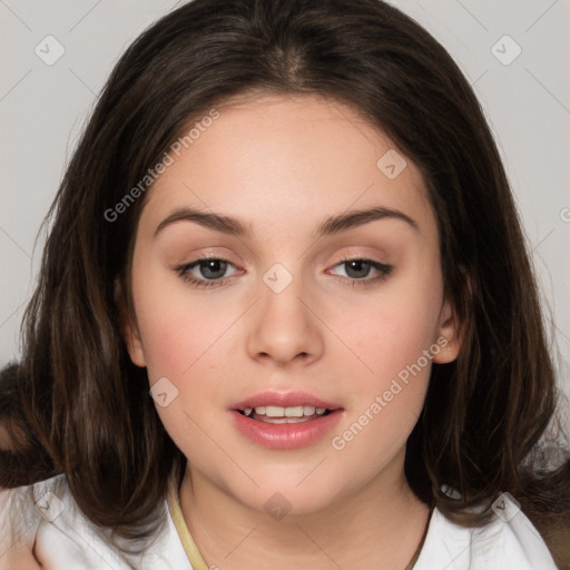 Neutral white young-adult female with medium  brown hair and brown eyes