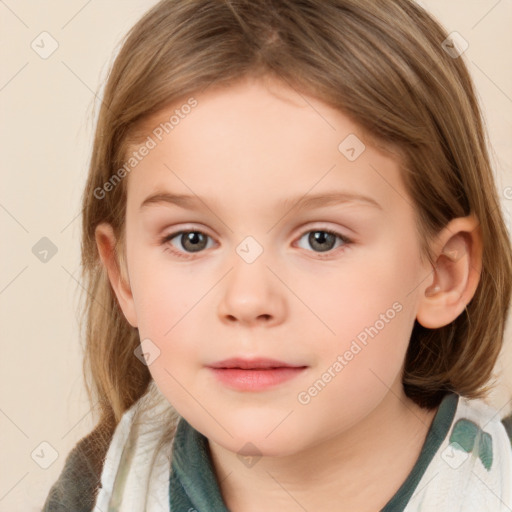 Neutral white child female with medium  brown hair and blue eyes