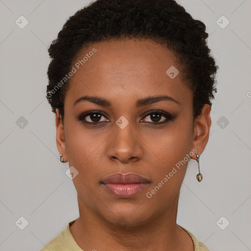 Neutral black young-adult female with short  black hair and brown eyes