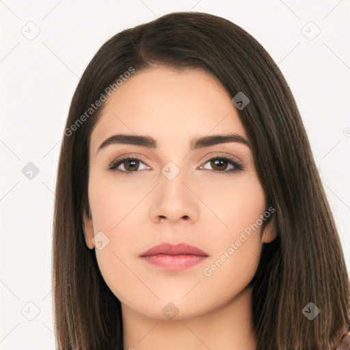 Neutral white young-adult female with long  brown hair and brown eyes