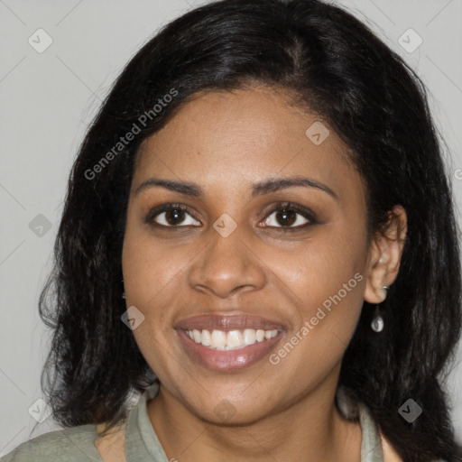 Joyful black young-adult female with medium  brown hair and brown eyes