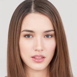 Neutral white young-adult female with long  brown hair and brown eyes