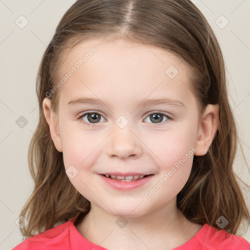 Joyful white child female with medium  brown hair and brown eyes