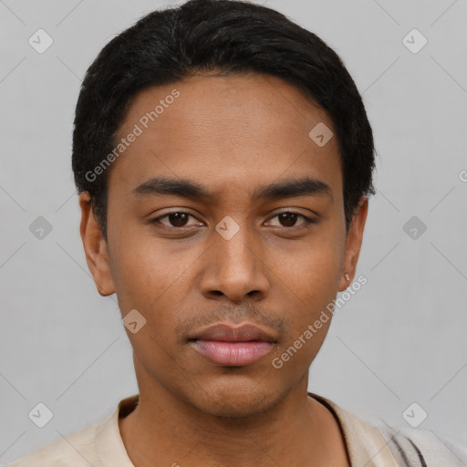 Neutral asian young-adult male with short  black hair and brown eyes