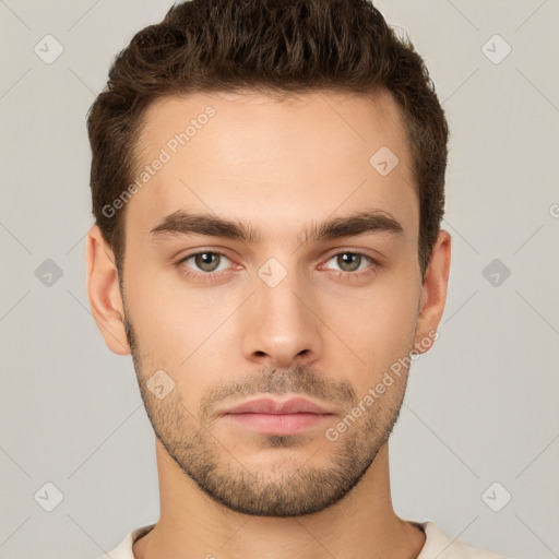 Neutral white young-adult male with short  brown hair and brown eyes