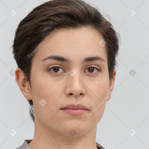 Neutral white young-adult female with short  brown hair and brown eyes