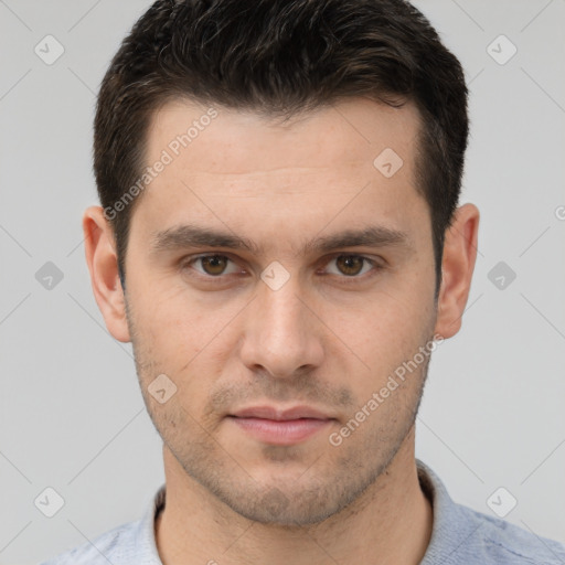 Neutral white young-adult male with short  brown hair and brown eyes