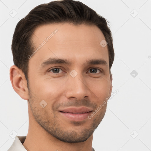 Joyful white young-adult male with short  brown hair and brown eyes