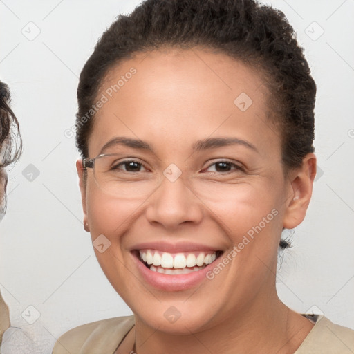 Joyful white young-adult female with short  brown hair and brown eyes