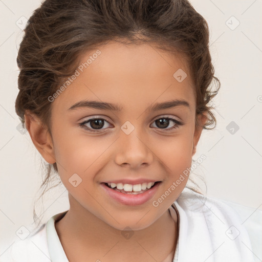 Joyful white child female with short  brown hair and brown eyes