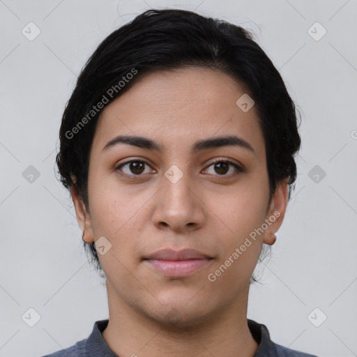 Neutral latino young-adult female with short  black hair and brown eyes