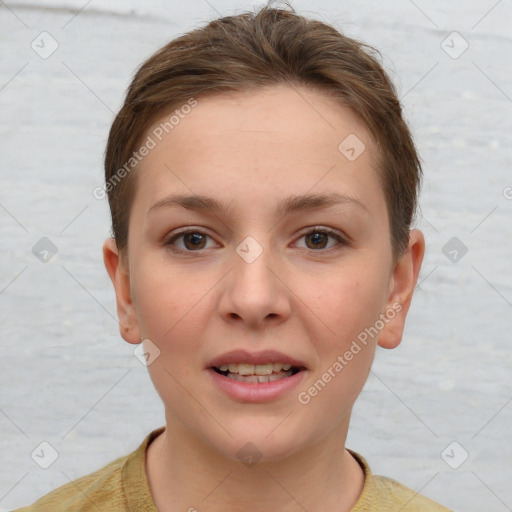 Joyful white young-adult female with short  brown hair and grey eyes