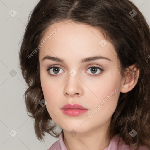 Neutral white young-adult female with medium  brown hair and brown eyes