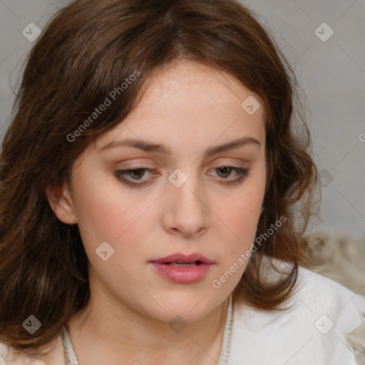 Neutral white young-adult female with medium  brown hair and brown eyes