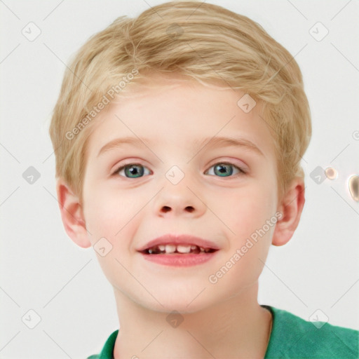 Joyful white child male with short  brown hair and blue eyes