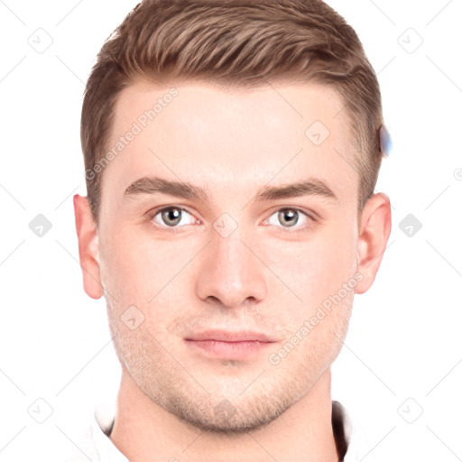 Neutral white young-adult male with short  brown hair and grey eyes