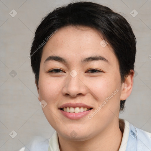 Joyful asian young-adult female with medium  brown hair and brown eyes