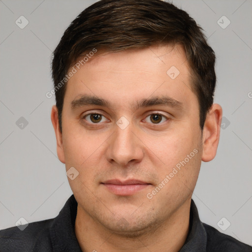 Neutral white young-adult male with short  brown hair and brown eyes