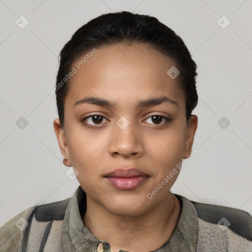 Neutral latino young-adult female with short  black hair and brown eyes